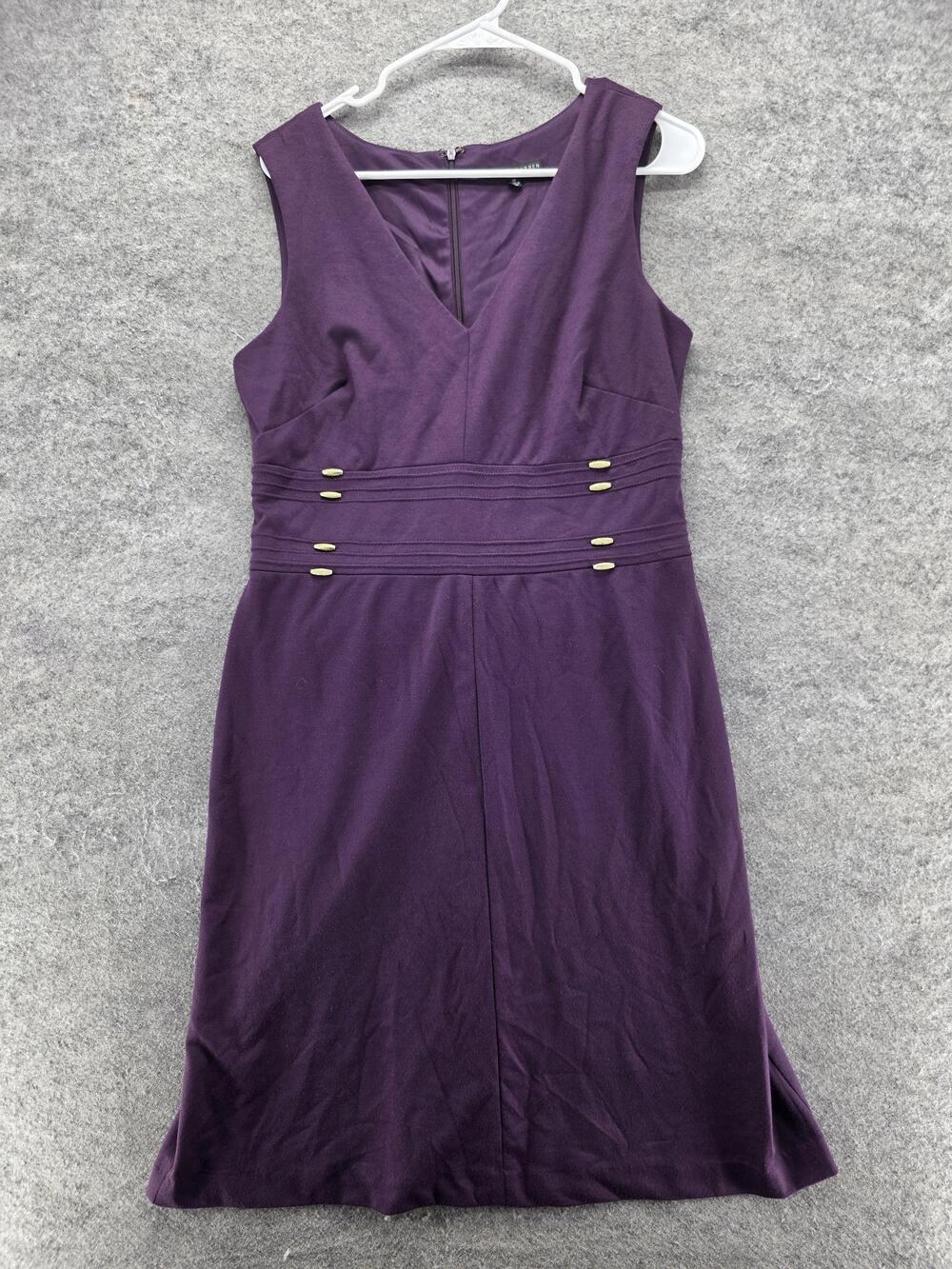Sandra Darren Dress Womens 10 Purple A-Line Knee Length V-Neck Stretch Pleated
